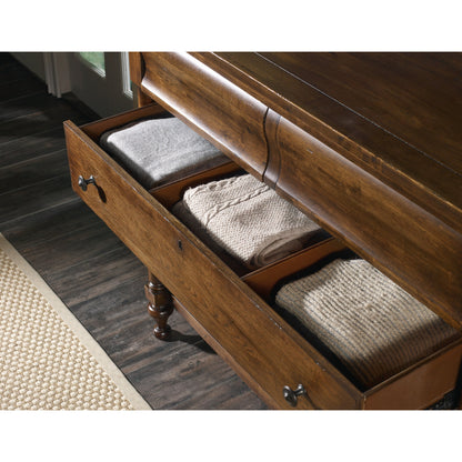 Archivist Bureau by Hooker Furniture in pecan. Made from pecky pecan veneers, felt in a cottage & farmhouse style.