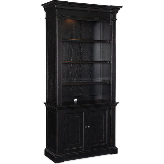 Bristowe Bookcase by Hooker Furniture in tuxedo black. Made from pecan veneers in a modern style.