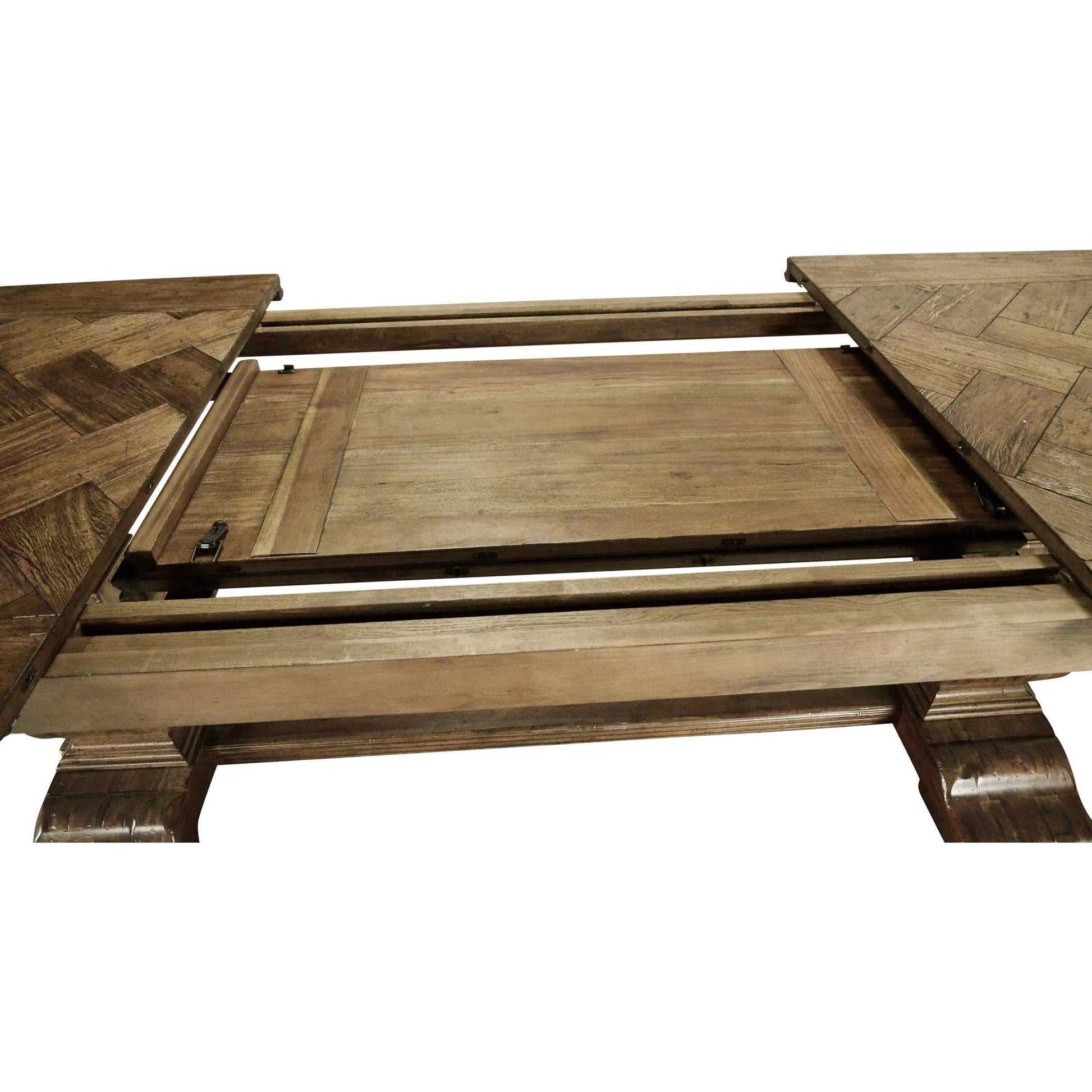 Casual Accents Medium Driftwood Parquet Top Dining Table by Jonathan Charles in medium brown driftwood. Made from acacia in a modern style.