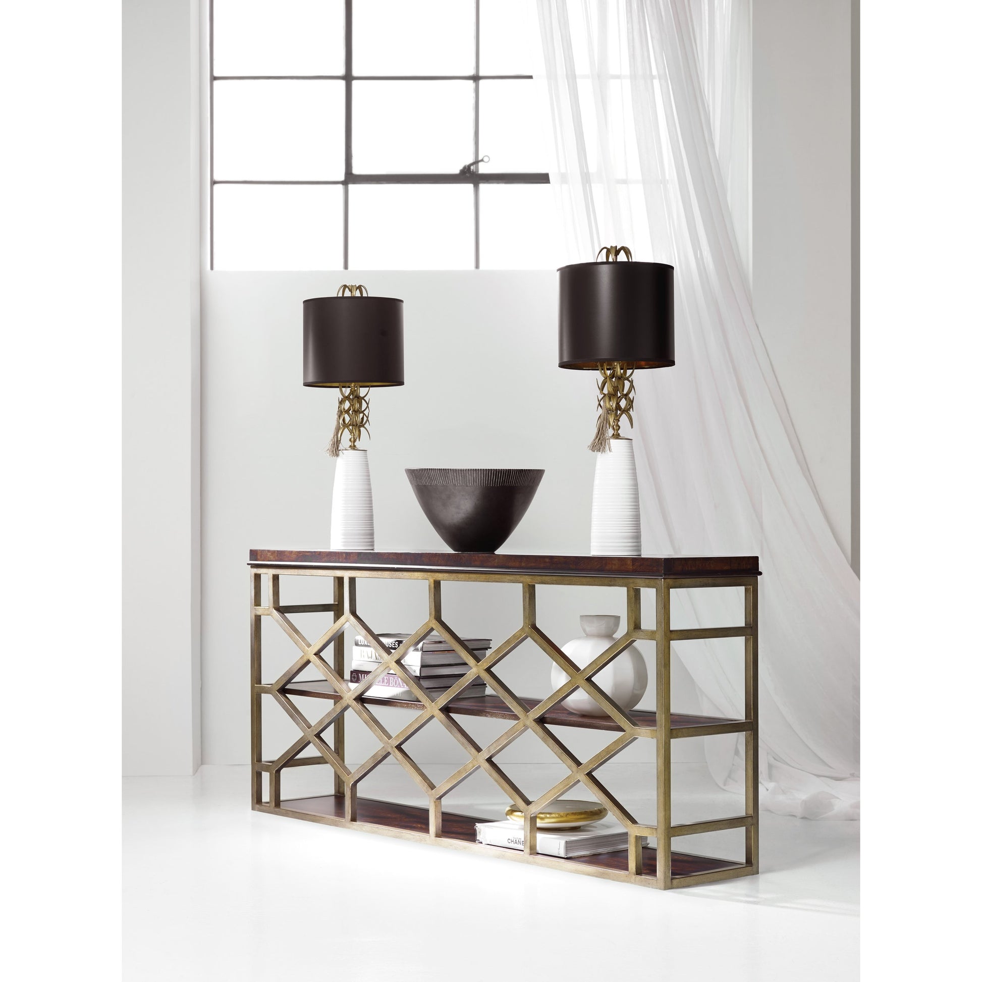 Giles Console Table by Hooker Furniture in golden madrone burl, silver leaf. Made from golden madrone burl, metal in a traditional style.