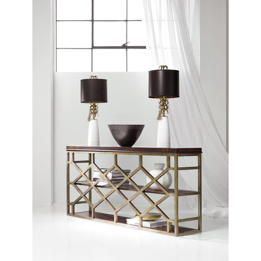 Giles Console Table by Hooker Furniture in golden madrone burl, silver leaf. Made from golden madrone burl, metal in a unique style.