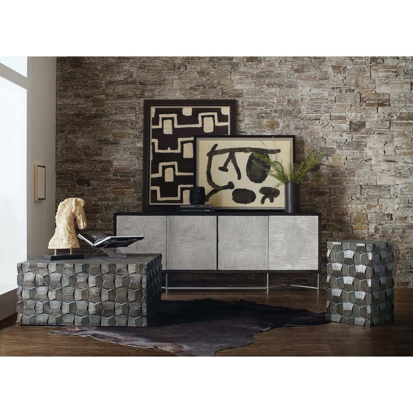006 SI-2133792 | Lifestyle | Commerce and Market Fine Lines Credenza by Hooker Furniture in black. Made from mango solids, bone, iron in a modern style.