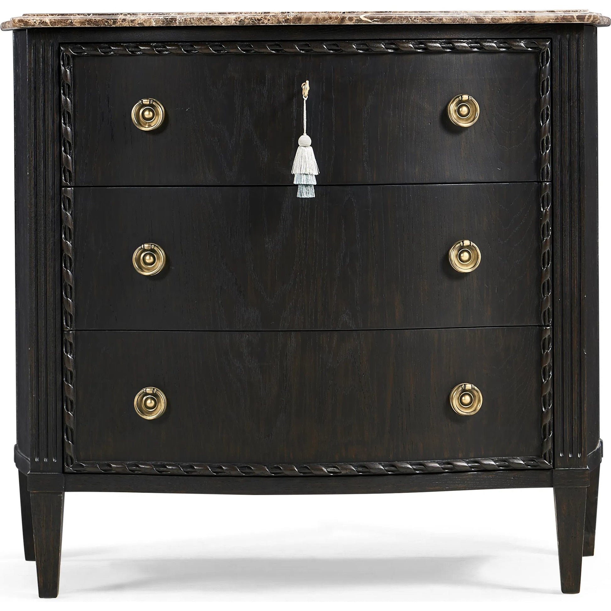 Tangiers Drawer Chest by Jonathan Charles in brown, black and ebonized oak. Made from oak solids, flat-cut oak veneers, stone, brass in a traditional style.