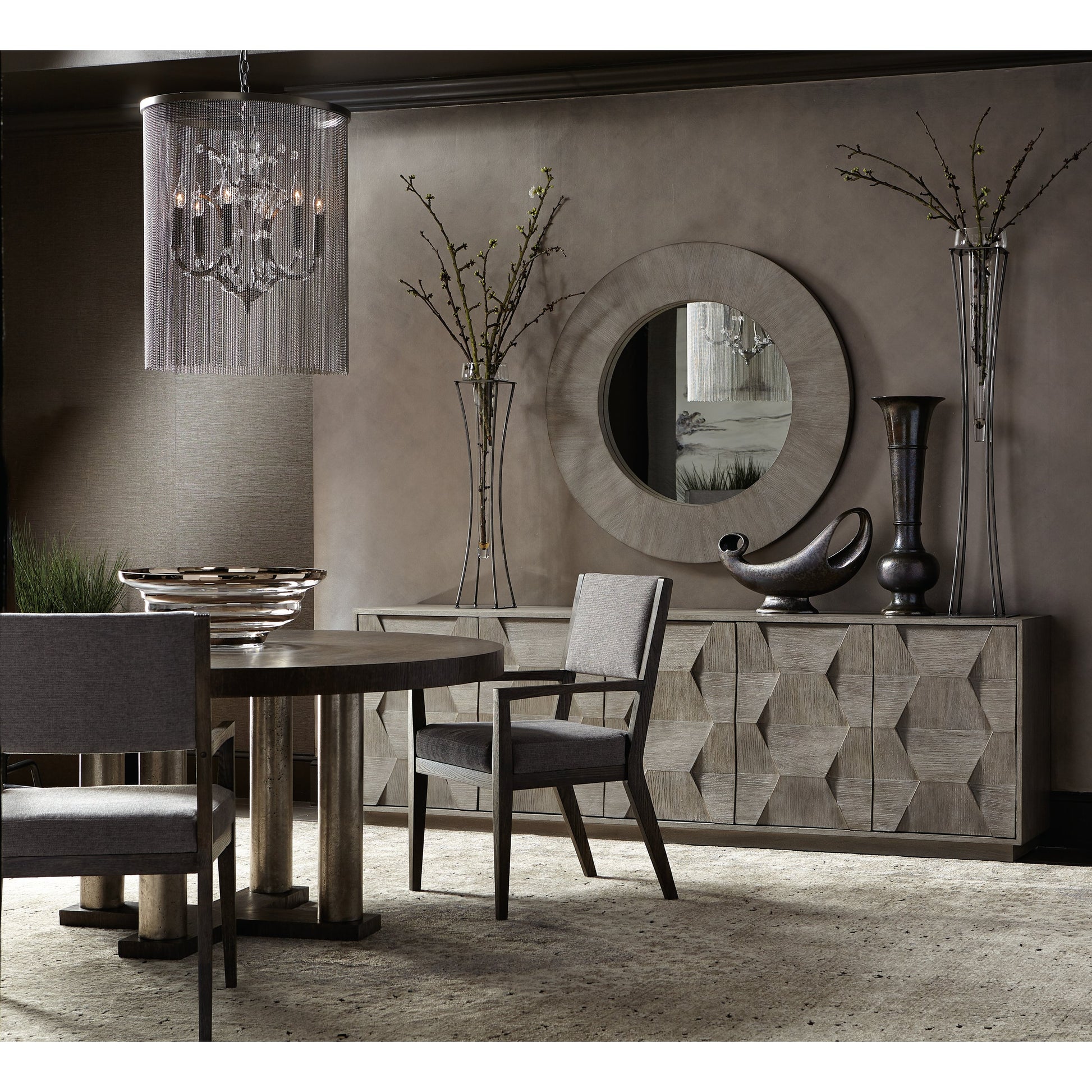 Linea Round Dining Table by Bernhardt in cerused charcoal, textured graphite metal. Made from white oak veneers, cast aluminum in a unique style.