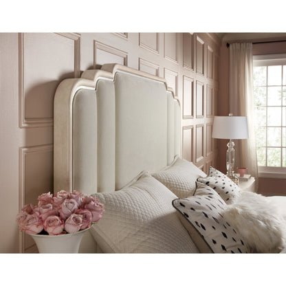 Nouveau Chic Upholstered Bed by Hooker Furniture in polished pearl and sandstone. Made from oak veneers, fabric in a modern style.