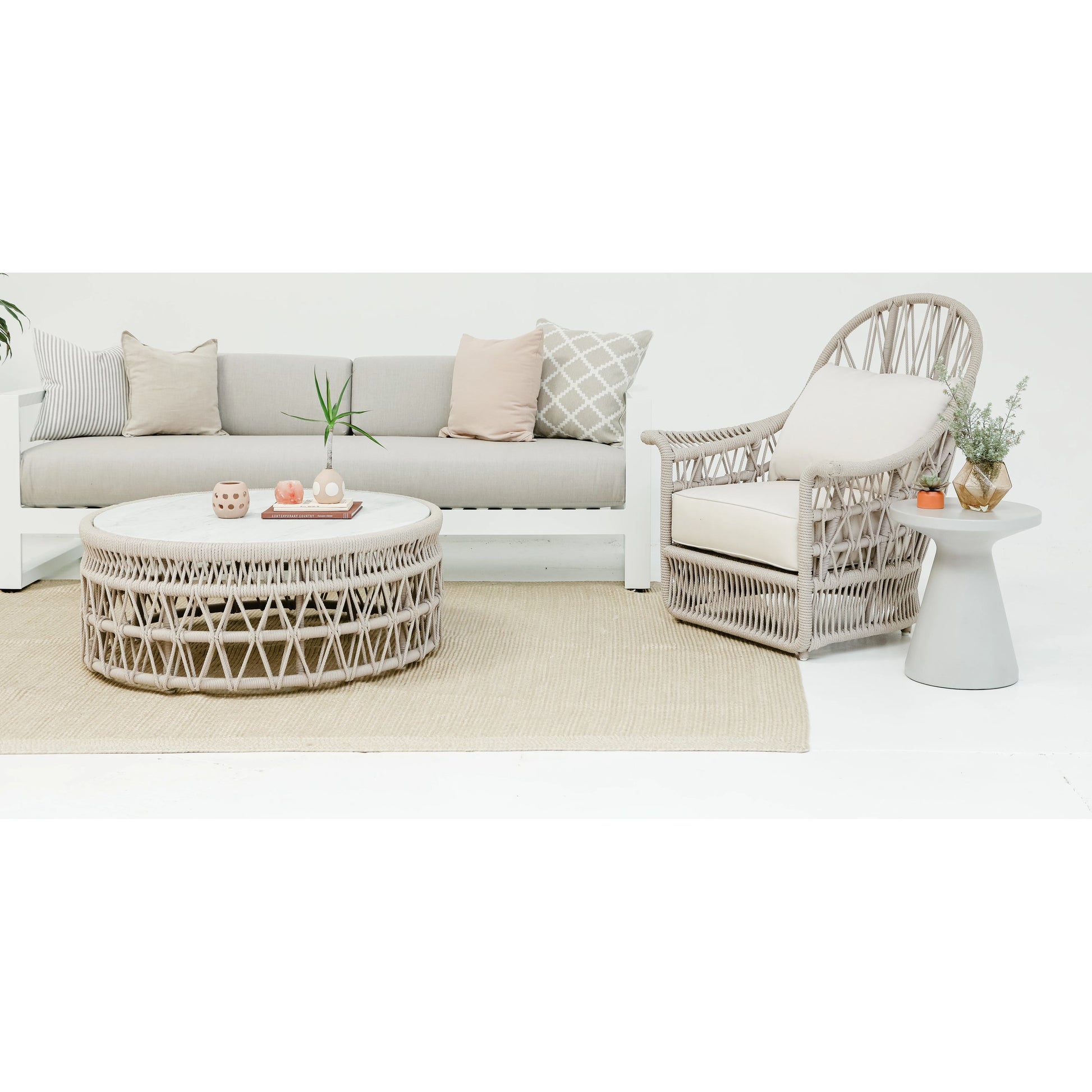 Dana Outdoor Rope Wing Chair in Linen by Sunset West in natural. Made from olefin rope in a coastal style.