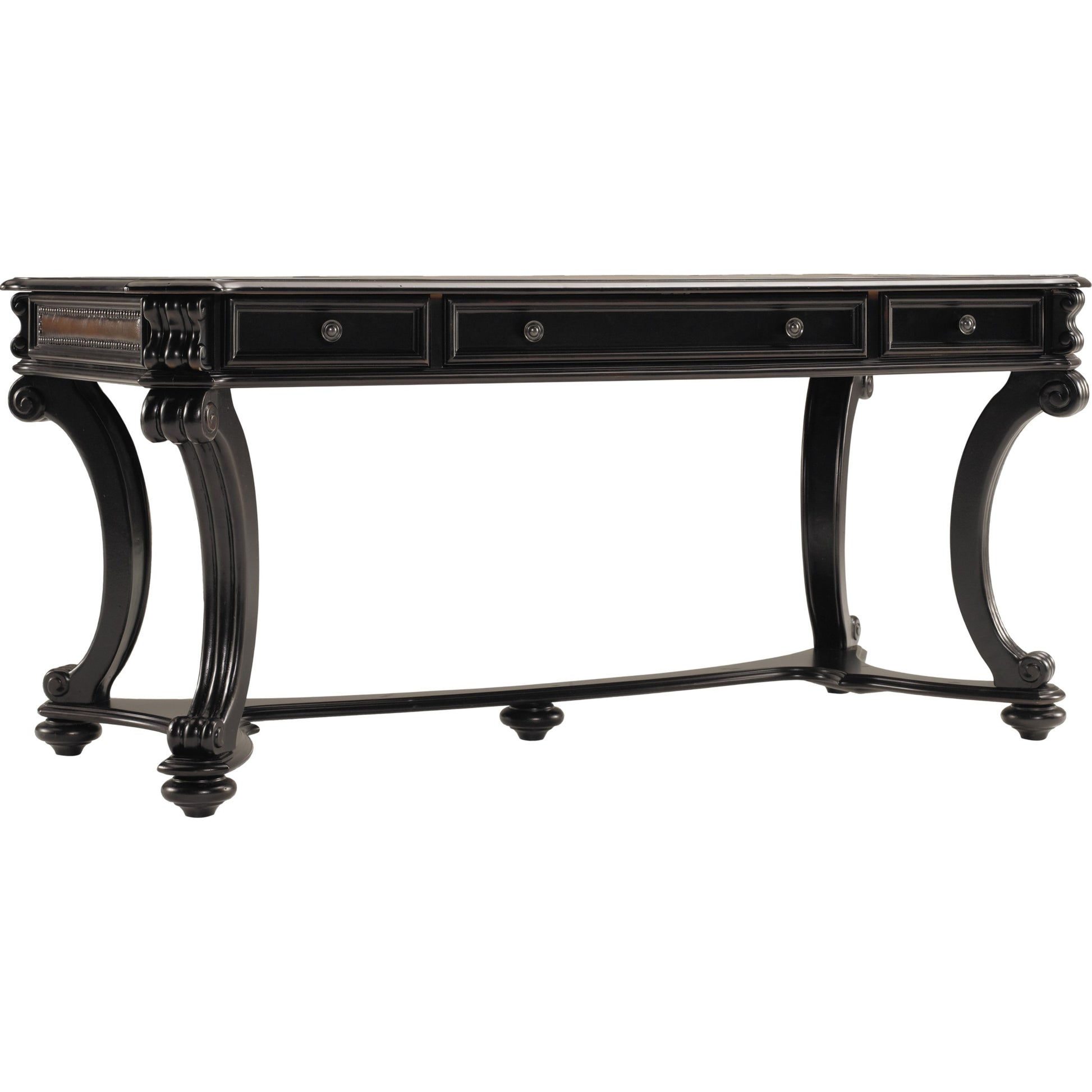 Telluride Writing Desk by Hooker Furniture in black. Made from cherry veneers with leather, nailhead trim, high quality bonded leather in a traditional style.