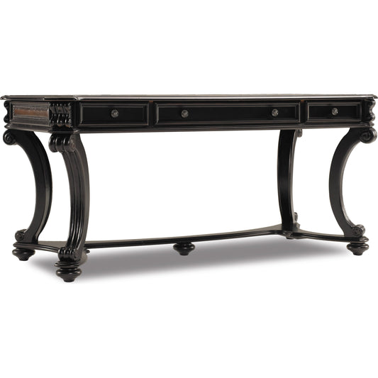 Telluride Writing Desk by Hooker Furniture in black. Made from cherry veneers with leather, nailhead trim, high quality bonded leather in a traditional style.