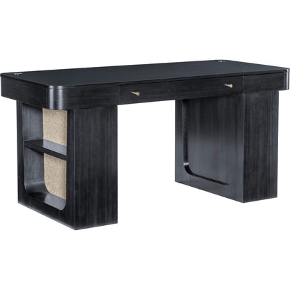 Kenzo Adjustable-Height Desk by Hooker Furniture in black and classic black. wood grain. Made from eucalyptus veneers, raffia in a unique style.