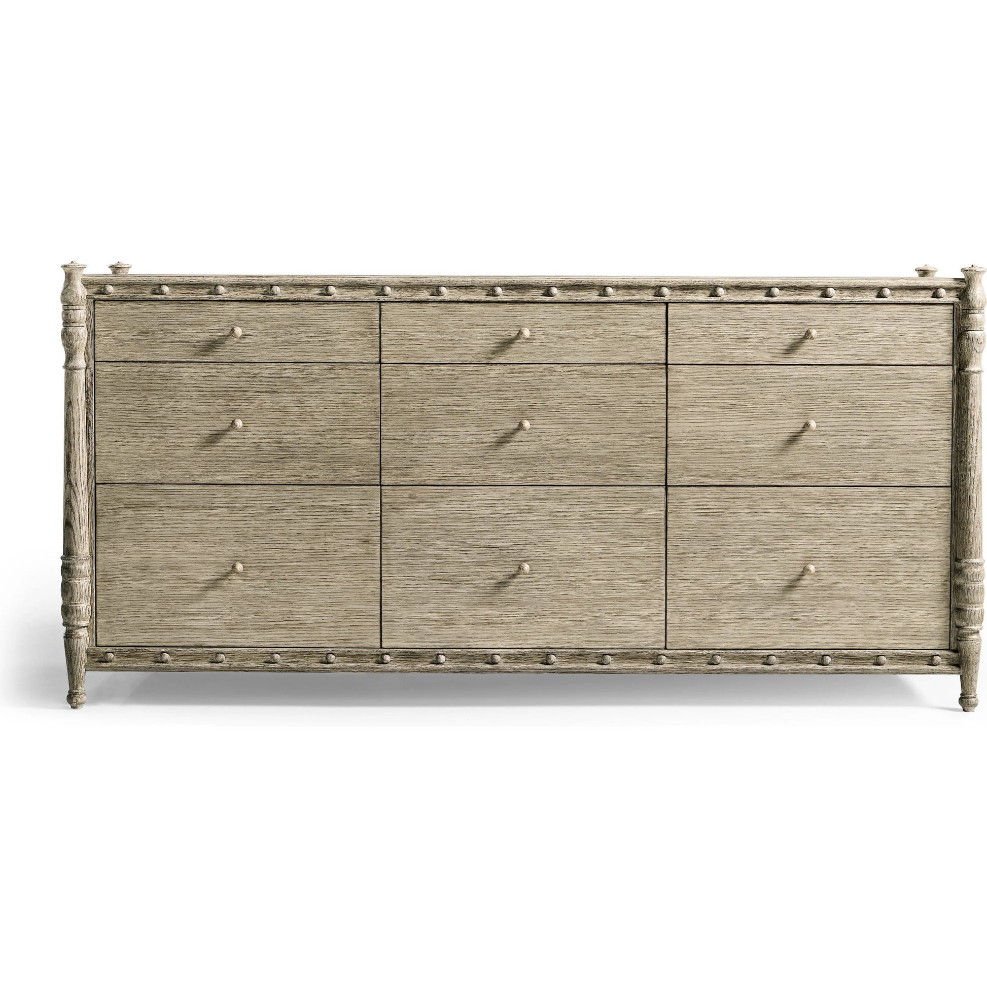 Morris Dresser by Jonathan Charles in grey and greyed oak. Made from oak, oak veneer, aluminum, sycamore veneer in a traditional style.