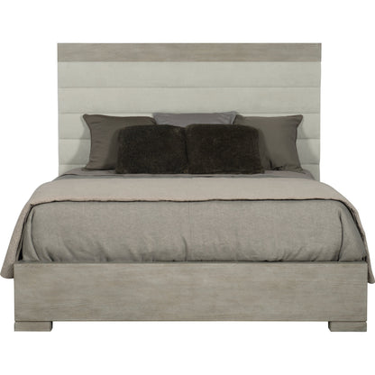 Linea Upholstered Channel Bed by Bernhardt in cerused greige. Made from white oak veneers, fabric in a unique style.