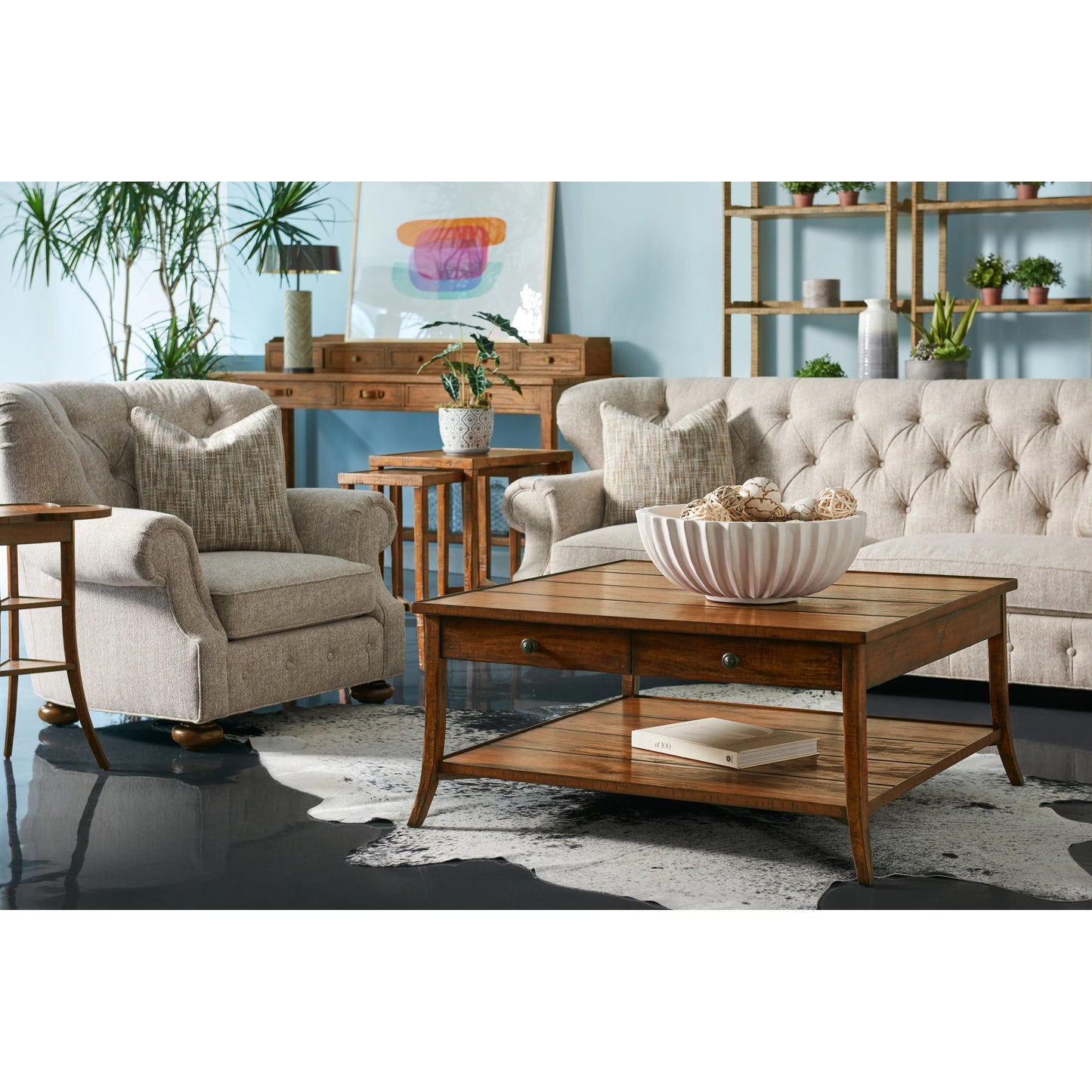 004 SR-846397 | Lifestyle | Casual Accents Country Walnut Trefoil Side Table by Jonathan Charles in brown and country farmhouse walnut. Made from acacia in a cottage & farmhouse style.