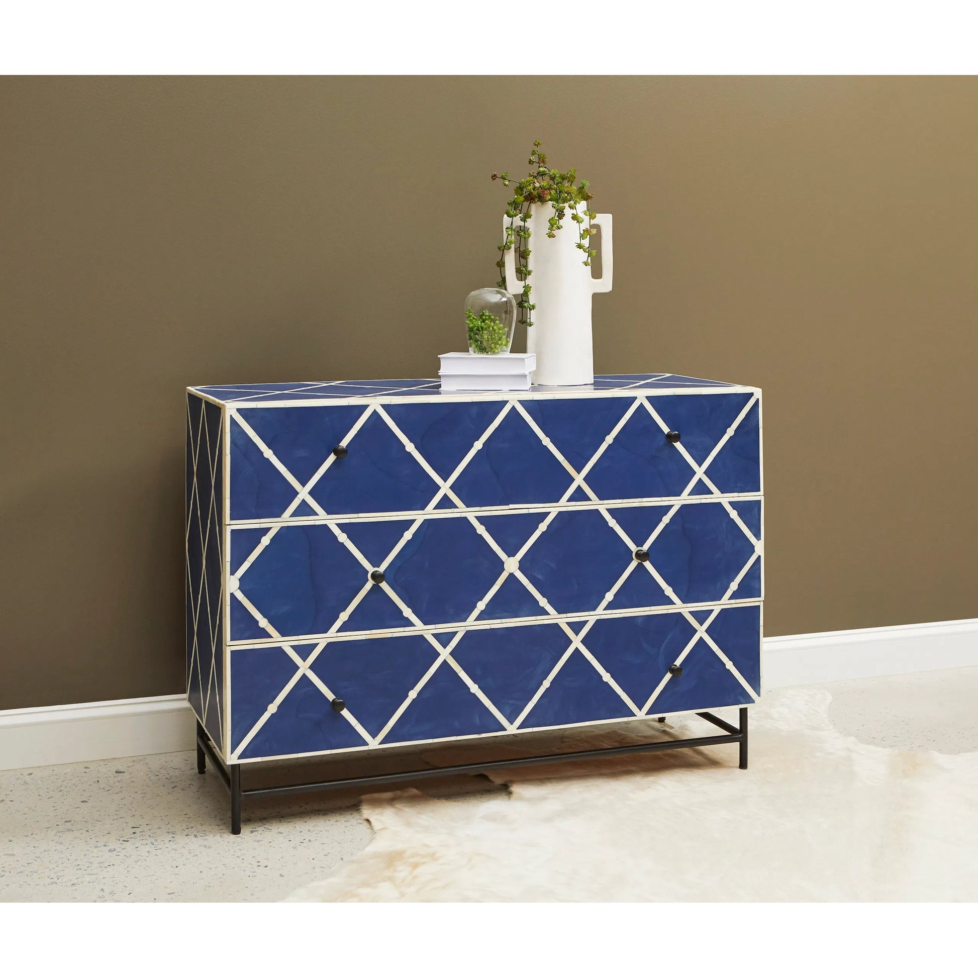 Navy Blue 3-Drawer Accent Chest by Pulaski Furniture in navy. Made from mango veneers in a unique style.