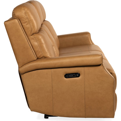 Vaughn Zero Gravity Sofa by Hooker Furniture in shattered stone. Made from leather in a traditional style.