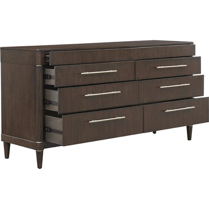 Asher Park 8 Drawer Dresser by Pulaski Furniture in piano brown. Made from eucalyptus veneers in a unique style.