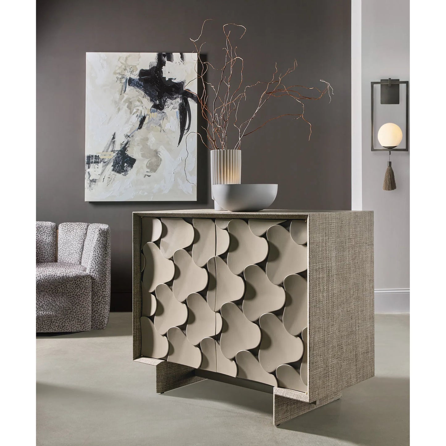004 SI-2458429 | Lifestyle | Melange Pinwheel Hall Chest by Hooker Furniture in gray exterior, gray appliques. Made from wood, resin, fabric, 100% polyester in a modern style.