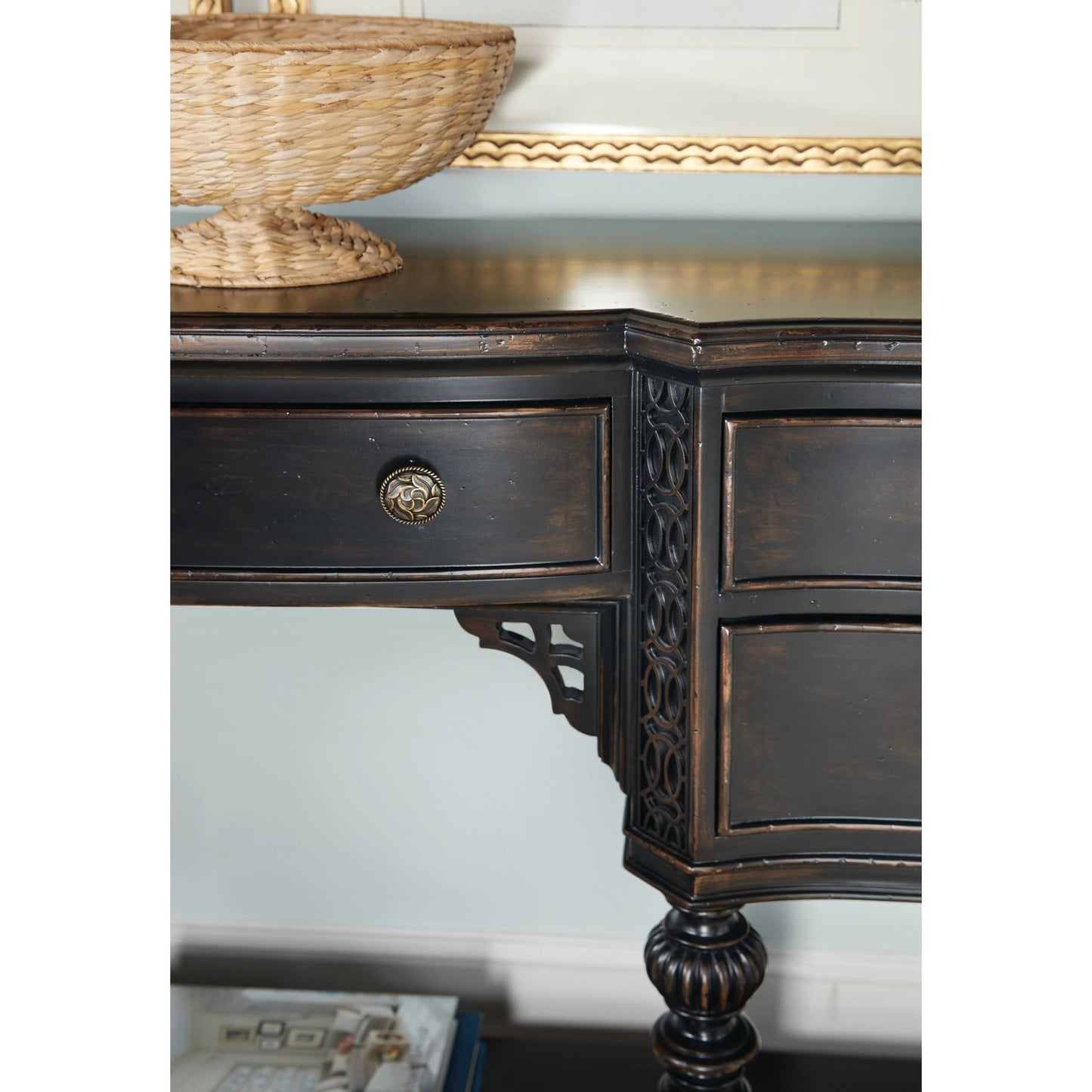 006 SI-2028996 | Closeup | Charleston Five-Drawer Server by Hooker Furniture in black cherry. Made from cherry veneers, solid-wood edge top in a traditional style.