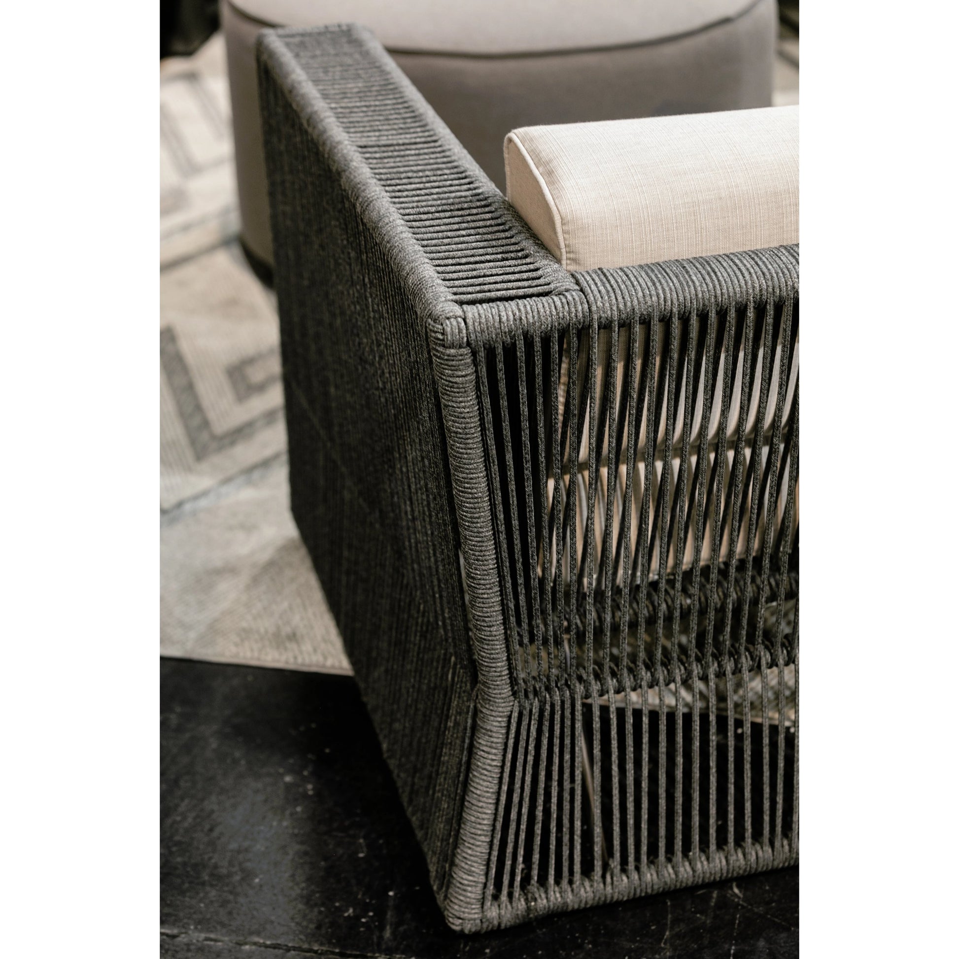 Milano Outdoor Sofa by Sunset West in slate. Made from olefin rope in a coastal style.