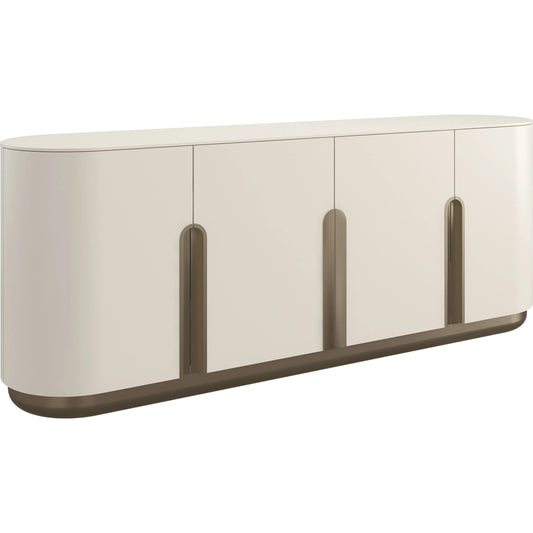 Tangier Sideboard by Caracole in burnished adobe, lucent bronze metallic paint. Made from asian hardwood, birch in a unique style.