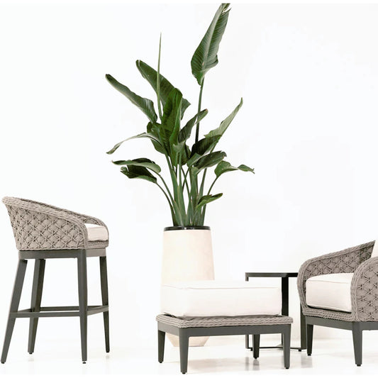 Marbella Outdoor Barstool by Sunset West in graphite. Made from olefin rope in a modern style.