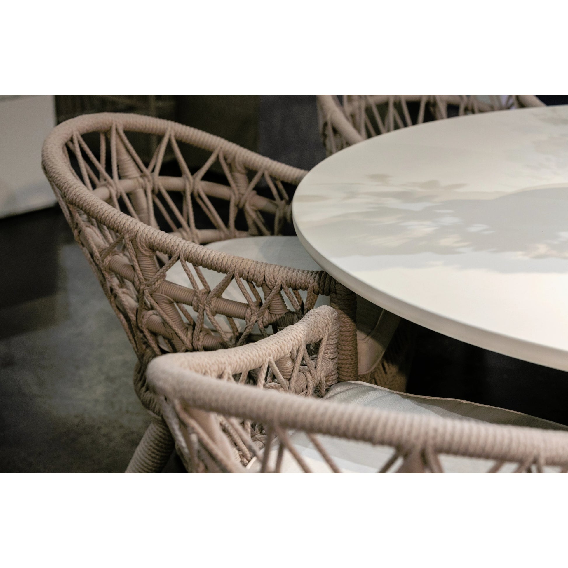 Dana Outdoor Rope Dining Chair in Linen by Sunset West in natural. Made from olefin rope in a coastal style.