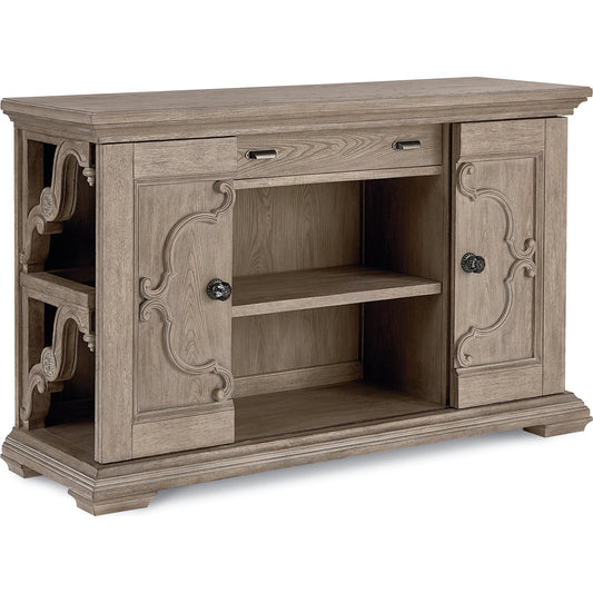 Arch Salvage Carr Sliding Door Buffet by A.R.T. Furniture in brown and parch. Made from parrawood solids, cathedral elm veneers in a traditional style.