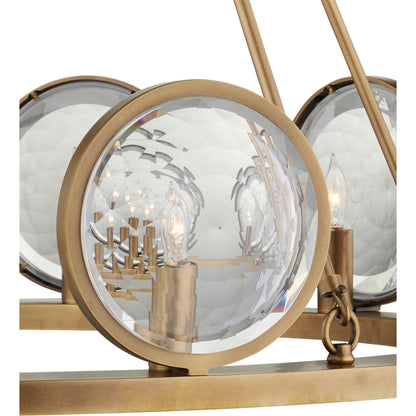 Marjiescope Chandelier by Currey and Company in antique brass. Made from metal, brass, prism optic crystal in a traditional style.