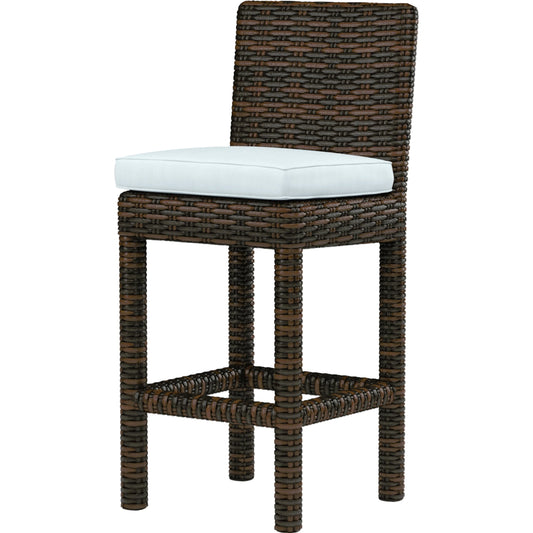 Montecito Outdoor Barstool by Sunset West in cognac. Made from resin wicker in a modern style.