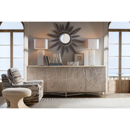 Westwood Credenza by Hooker Furniture in venetian dawn silver-leaf and polished limestone. Made from oak veneers in a unique style.