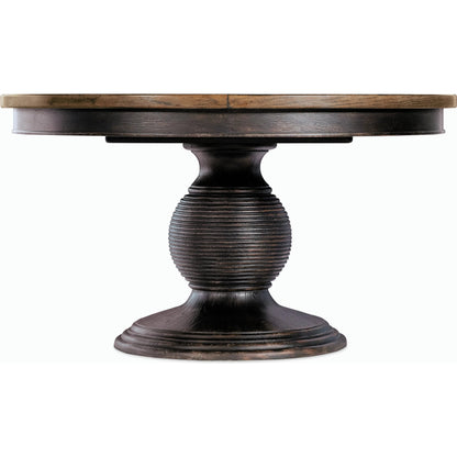Americana Round Pedestal Dining Table by Hooker Furniture. Made from oak veneers, resin with solid-wood edge top in a cottage & farmhouse style.