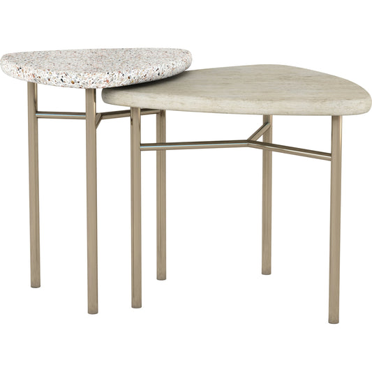 Cotiere 2 Piece Bunching End Tables by A.R.T. Furniture in beige. Made from parawood solids, mixed split cathedral quarter-white oak veneer, terrazzo stone, metal in a modern style.