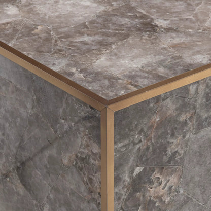 Tildon Cocktail Table by Bernhardt in smokey quartz, aged brass. Made from stone, metal in a modern style.