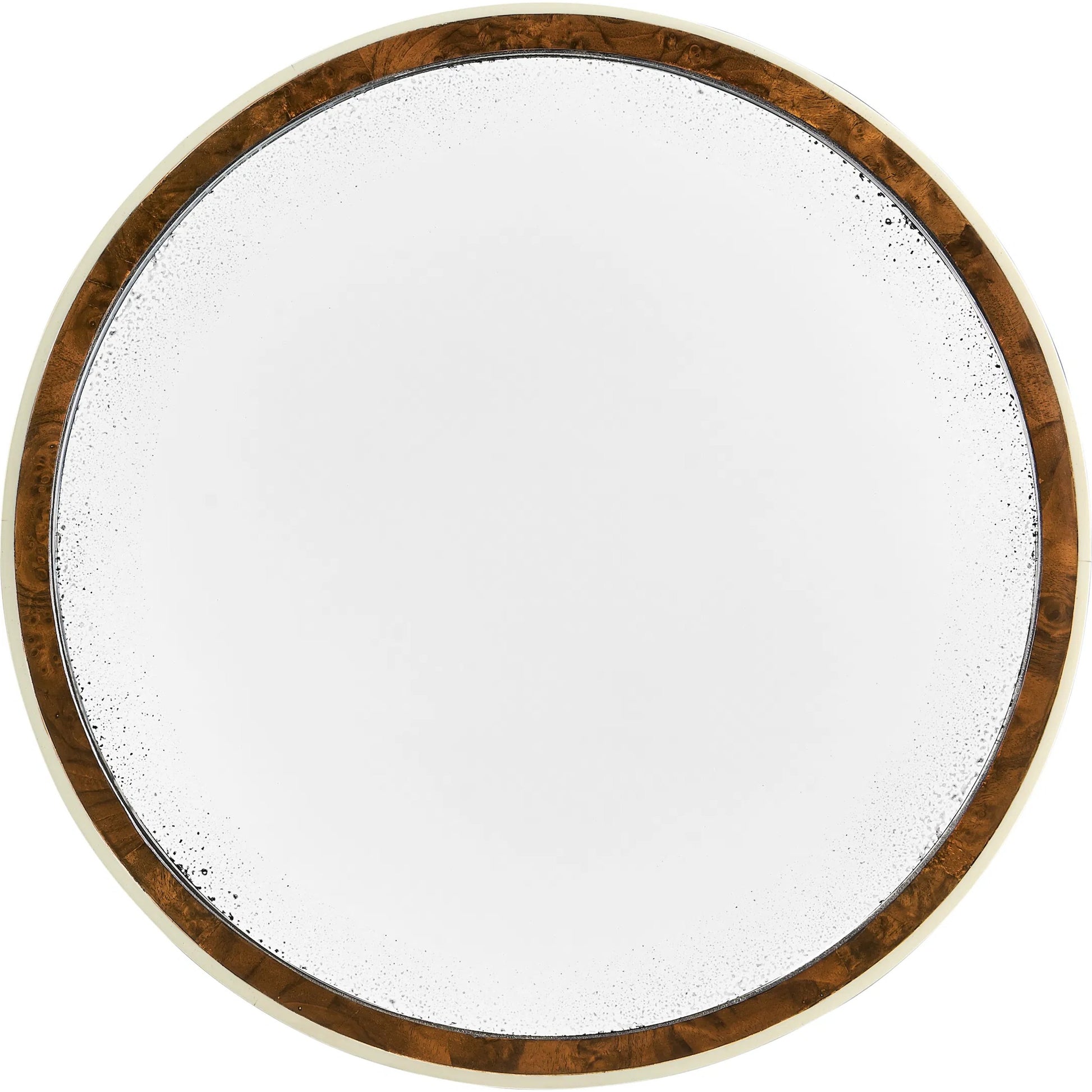 Jacques Round End Table by Jonathan Charles in brown and medium brown mahogany. Made from mahogany veneers, faux bone, glass in a modern style.