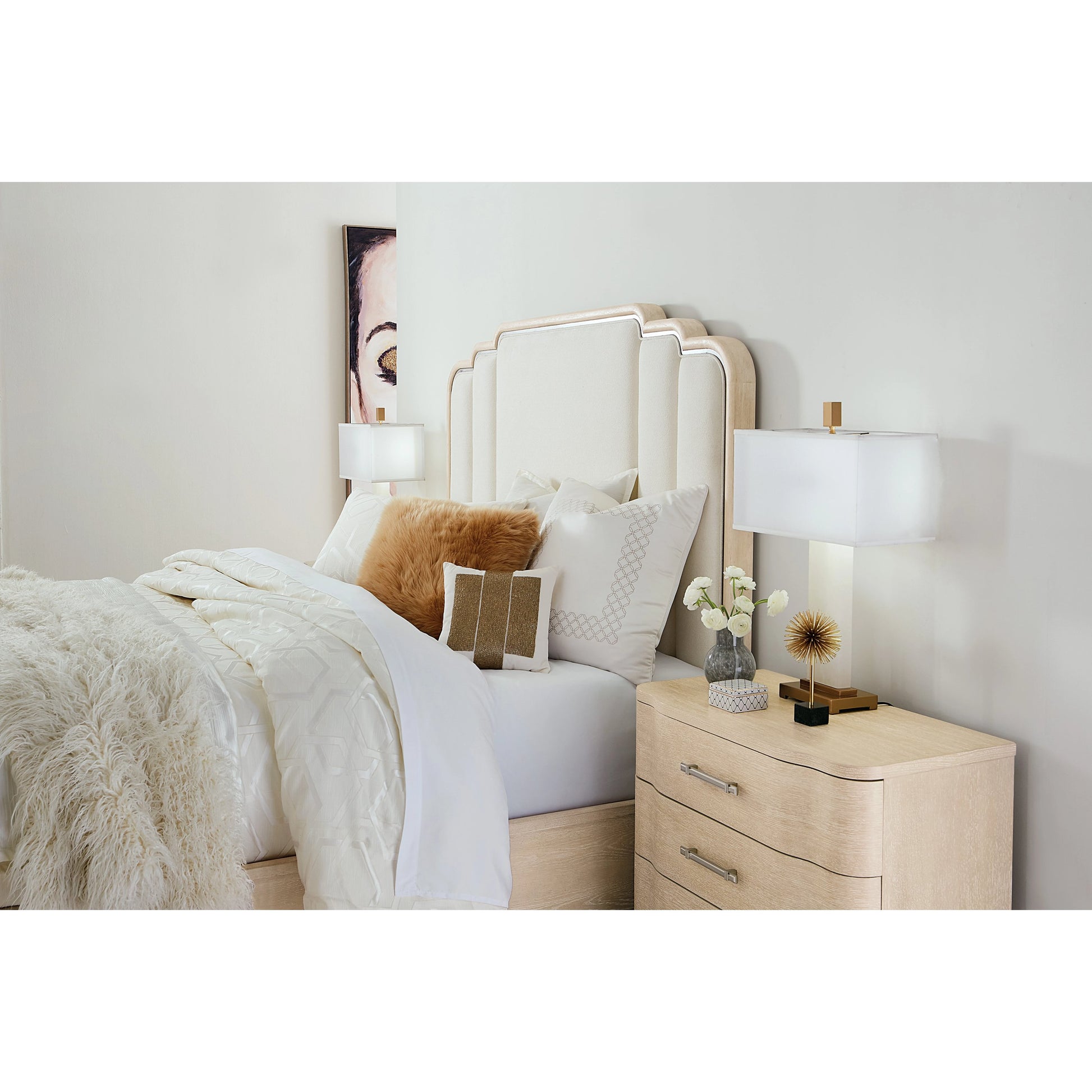 Nouveau Chic Upholstered Bed by Hooker Furniture in polished pearl and sandstone. Made from oak veneers, fabric in a modern style.
