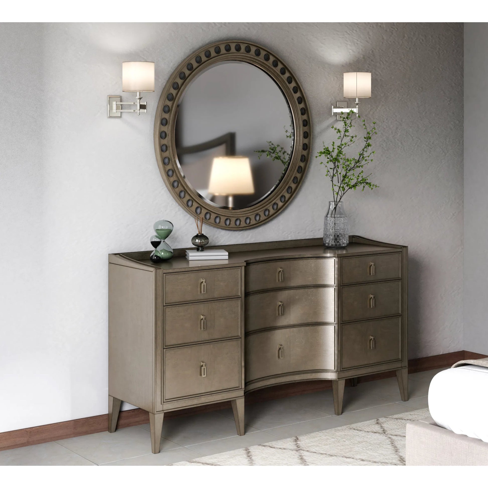 Cove Round Mirror by A.R.T. Furniture in grey and mica. Made from rubberwood solids, primavera veneer, glass in a traditional style.