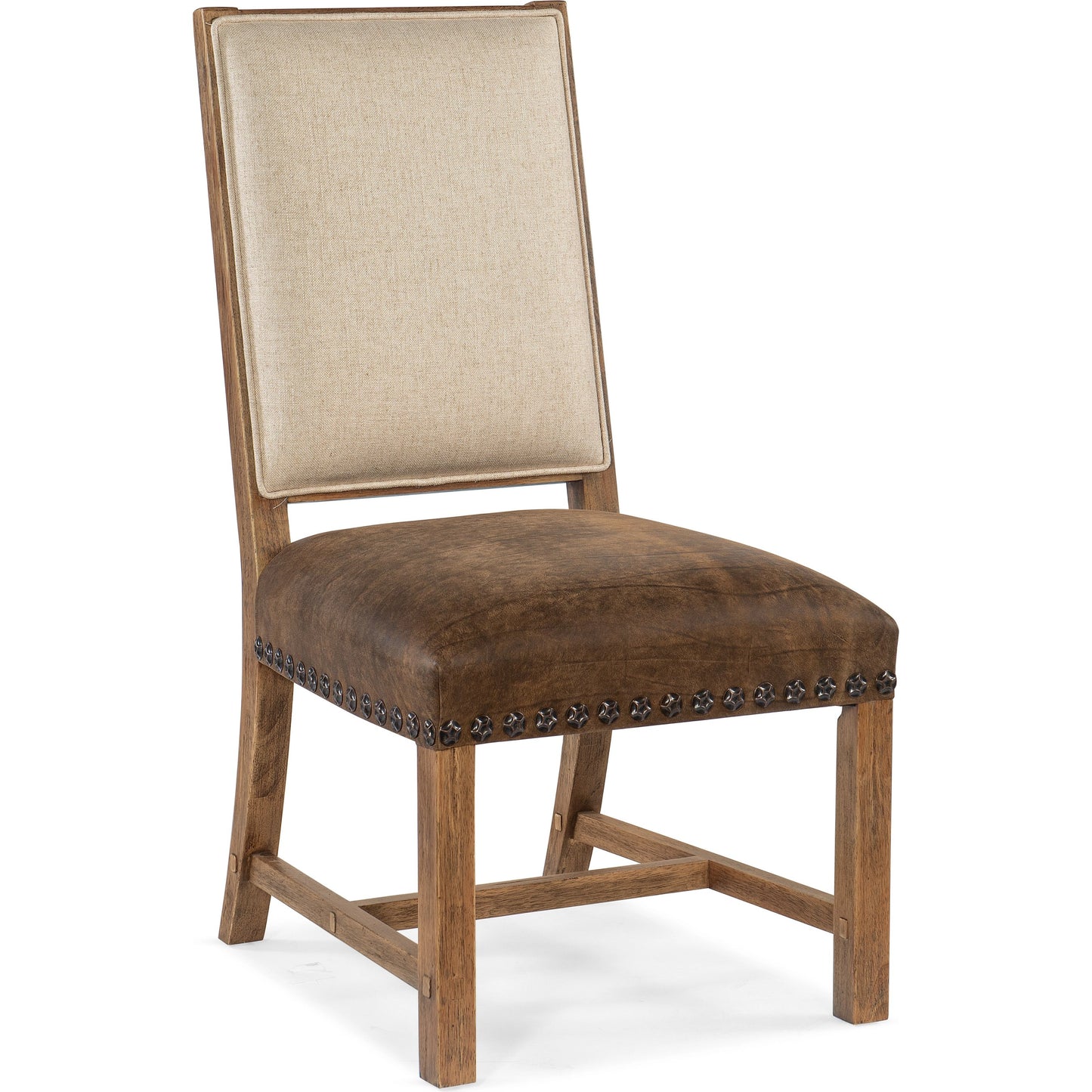 001 SI-1959527 | Primary Silo | Big Sky Padded Side Chair (Set of 2) by Hooker Furniture in brown and vintage natural, furrowed bark. Made from wood, fabric, leather, nailheads, resin, seville timber (aniline). in a traditional style.