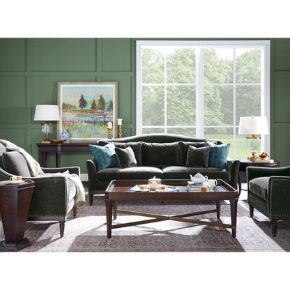 Magritte Sofa by A.R.T. Furniture in charcoal and napa mahogany. Made from rubberwood solids, foam, fabric, metal in a traditional style.