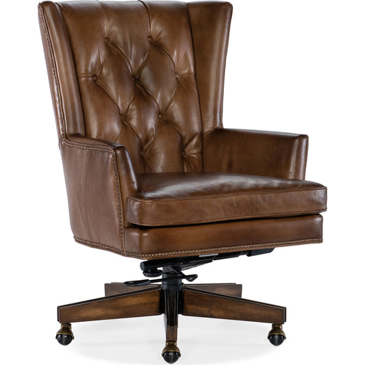 Finley Executive Chair by Hooker Furniture in checkmate pawn and dark wood. Made from leather, checkmate pawn (aniline top grain) in a unique style.
