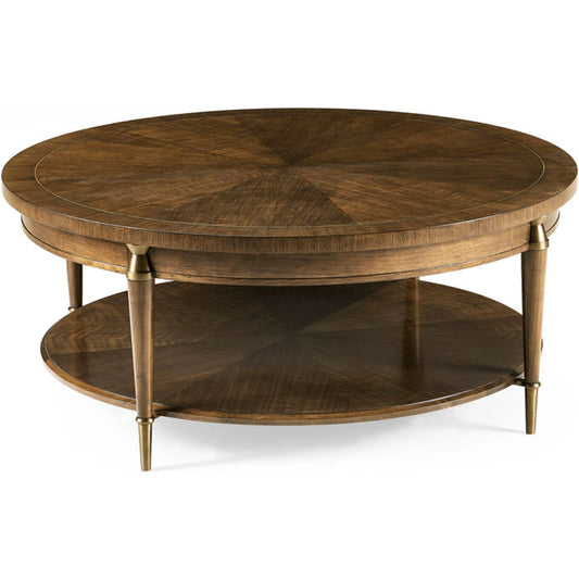 Toulouse Round Cocktail Table by Jonathan Charles in walnut. Made from walnut quarter figured veneer in a modern style.