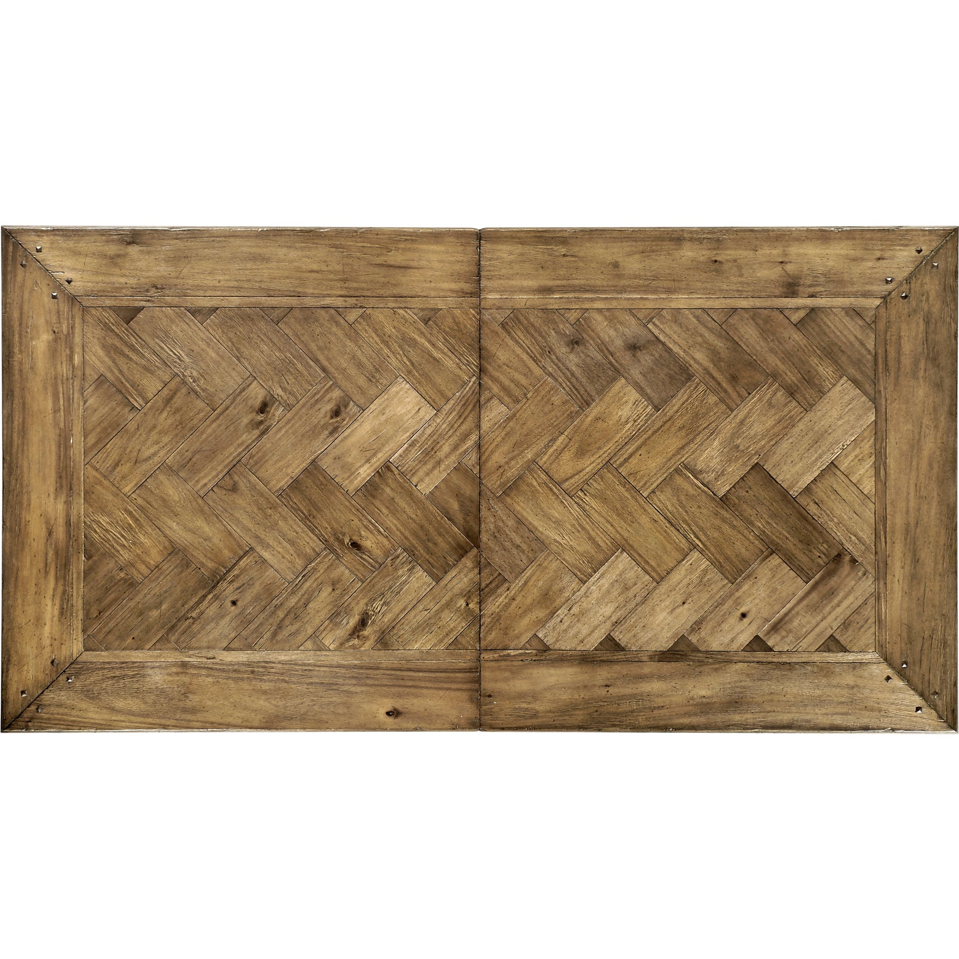 Casual Accents Medium Driftwood Parquet Top Dining Table by Jonathan Charles in medium brown driftwood. Made from acacia in a modern style.