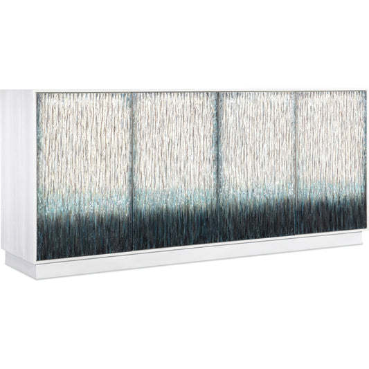 Melange Mediterranean Entertainment Credenza by Hooker Furniture in white. Made from pine, maple veneers in a modern style.