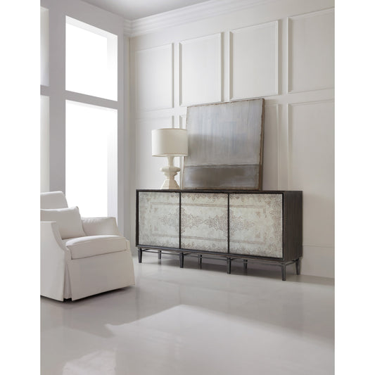 Rosella Console by Hooker Furniture in dark wood. Made from glass, hand paintng, oak veneers in a modern style.
