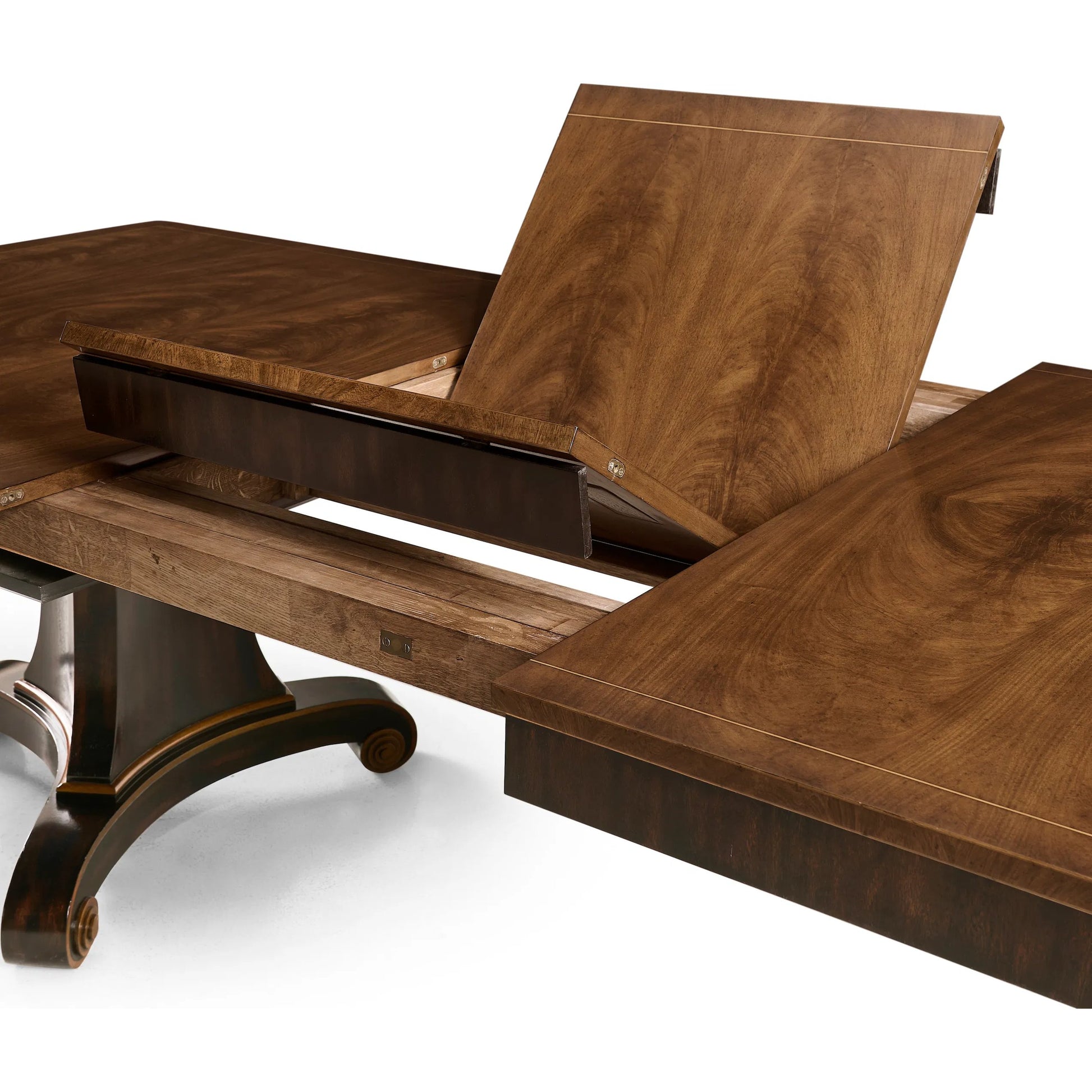 Rosette Dining Table by Jonathan Charles in medium crotch walnut. Made from celejeria veneer, brass, acacia veneer, beech, plywood in a modern style.