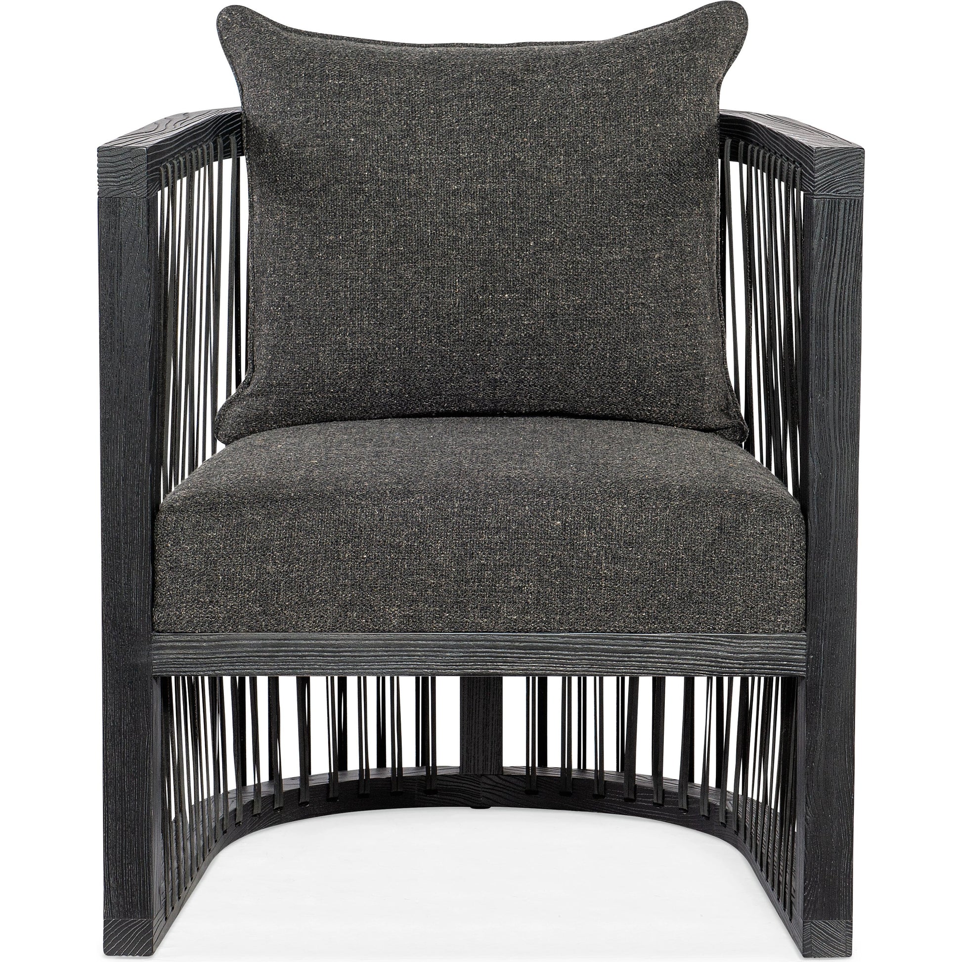 Wilde Club Chair by Hooker Furniture in lovegood kohl and charred black. Made from fabric, leather strapping in a modern style.