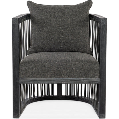Wilde Club Chair by Hooker Furniture in lovegood kohl and charred black. Made from fabric, leather strapping in a modern style.
