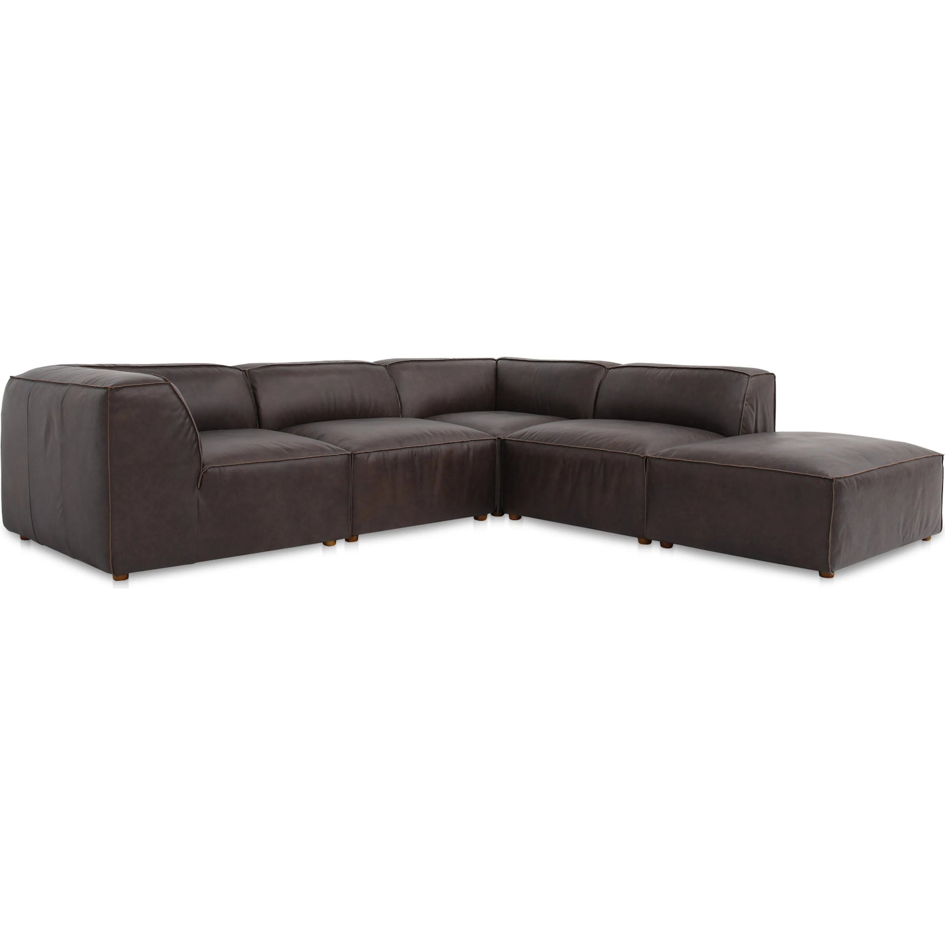Form Classic L Shaped Modular Sectional by Moe's Home Collection in espresso. Made from full top-grain leather, solid wood, plywood frame, high density foam, feather fill, zig zag spring support in a traditional style.