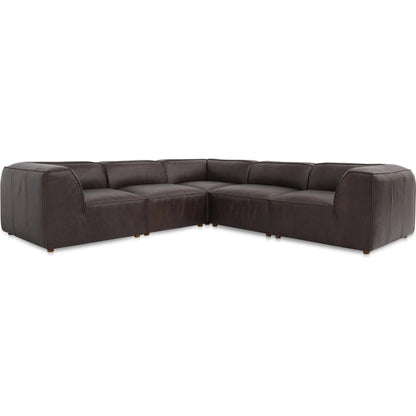 Form Classic L Shaped Modular Sectional by Moe's Home Collection in espresso. Made from full top-grain leather, solid wood, plywood frame, high density foam, feather fill, zig zag spring support in a traditional style.