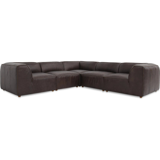 Form Classic L Shaped Modular Sectional by Moe's Home Collection in espresso. Made from full top-grain leather, solid wood, plywood frame, high density foam, feather fill, zig zag spring support in a unique style.