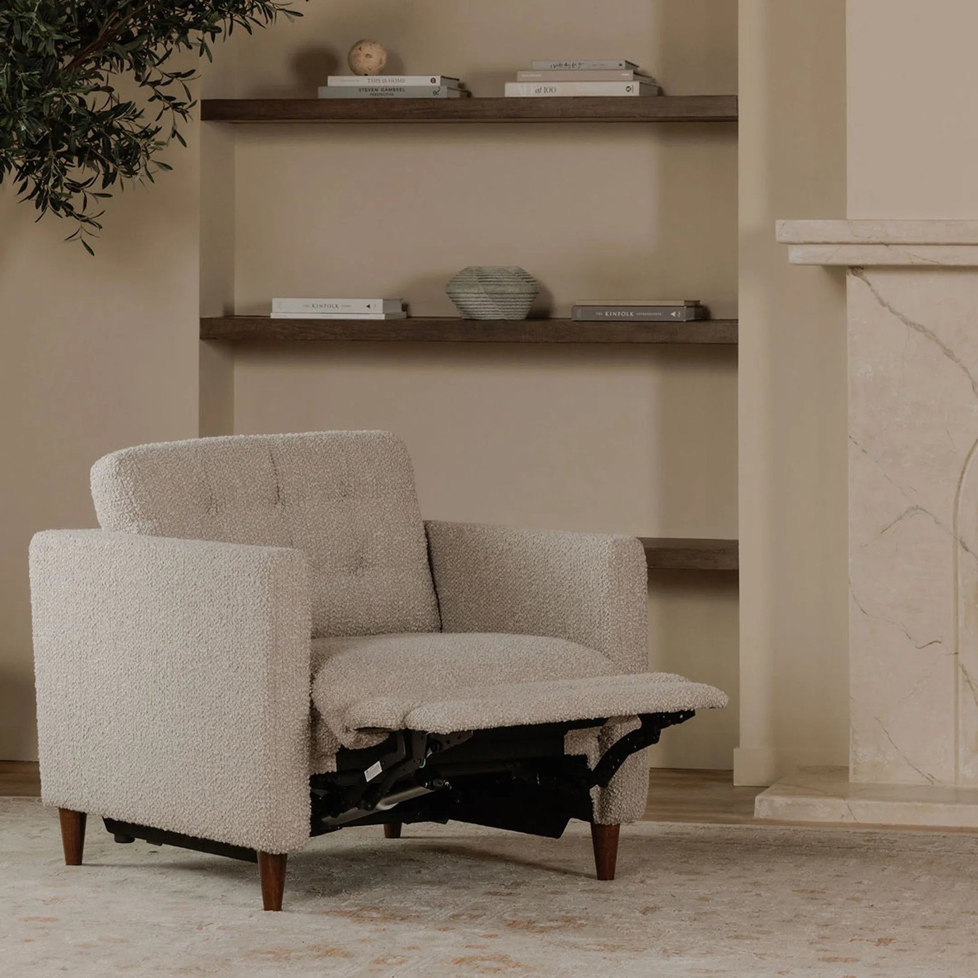 Bridgers Power Recliner Chair by Moe's Home Collection in tan leather. Made from upholstery: 100% top grain leather, high density foam, feather fill, solid red meranti wood frame, webbing seat, recliner: metal, okin motor in a 