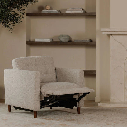 Bridgers Power Recliner Chair by Moe's Home Collection in tan leather. Made from upholstery: 100% top grain leather, high density foam, feather fill, solid red meranti wood frame, webbing seat, recliner: metal, okin motor in a 